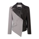 Gri Çizgili Kumaş ve Siyah Deri Asimetrik Blazer